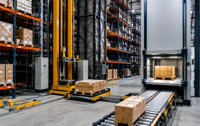Magazzino automatico industriale con scaffalature compattabili, trasloelevatori e sistemi automatizzati per pallet.