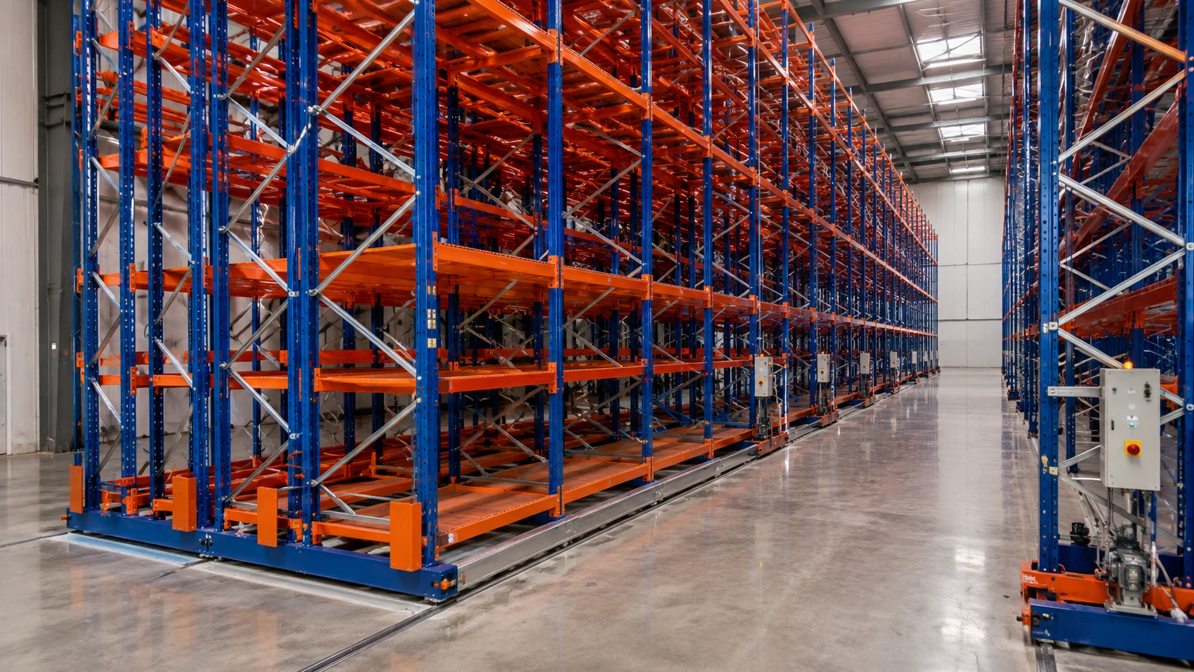 Impianto automatico industriale con scaffalature ad alta densità, basi mobili compattabili e magazzino verticale automatizzato per ottimizzare spazio, velocità e gestione logistica.