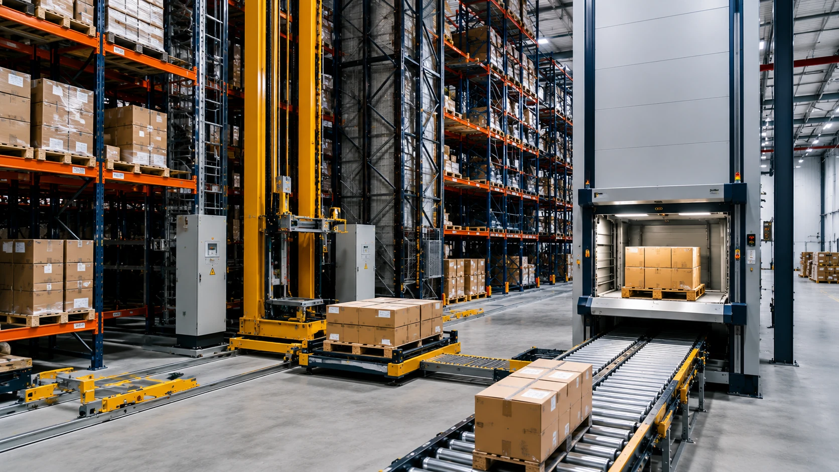 Magazzino automatico industriale con scaffalature compattabili, trasloelevatori e sistemi automatizzati per pallet.