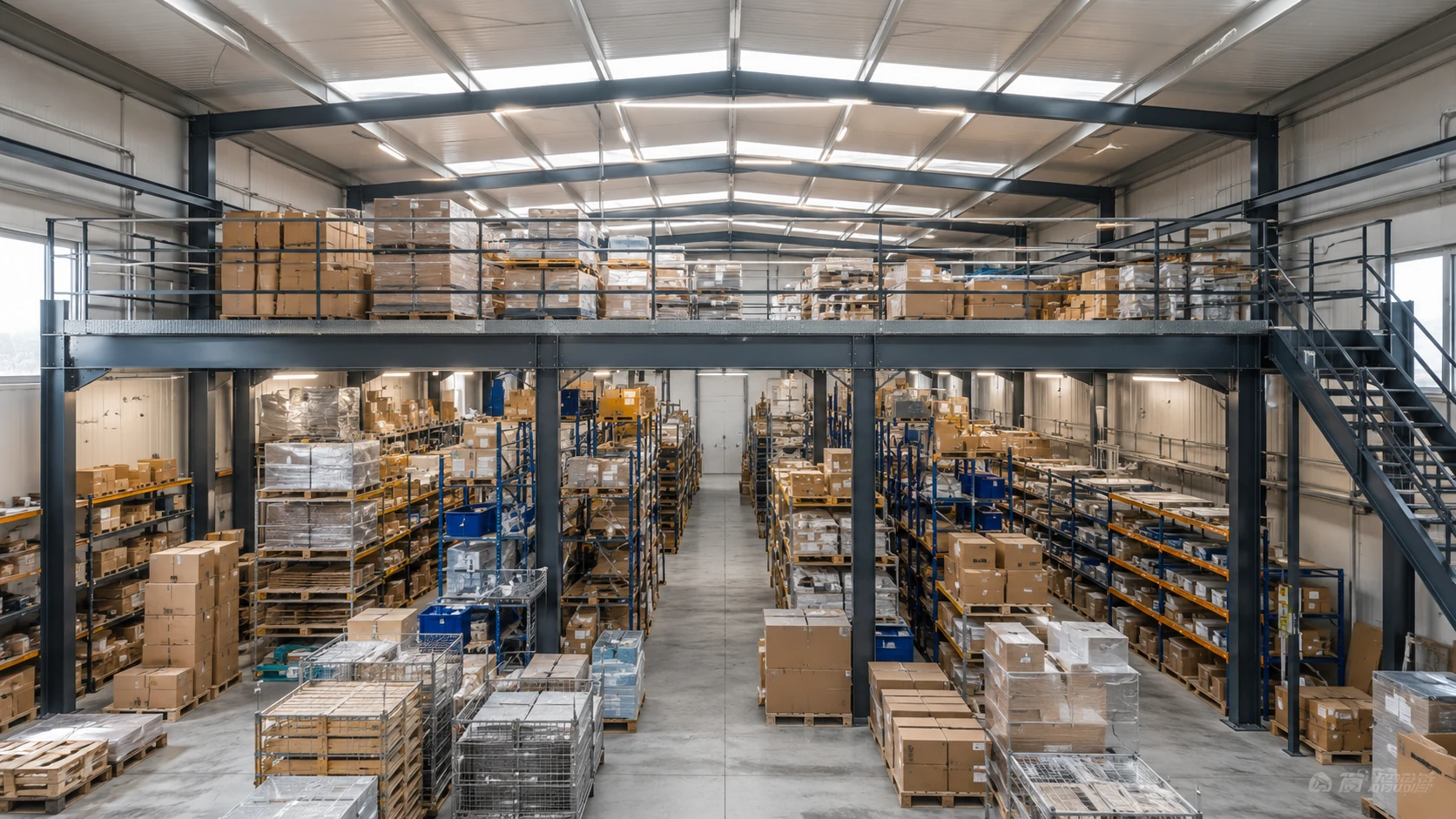 Soppalco industriale in metallo installato sopra area di stoccaggio con scaffalature e pallet in magazzino logistico in Lombardia