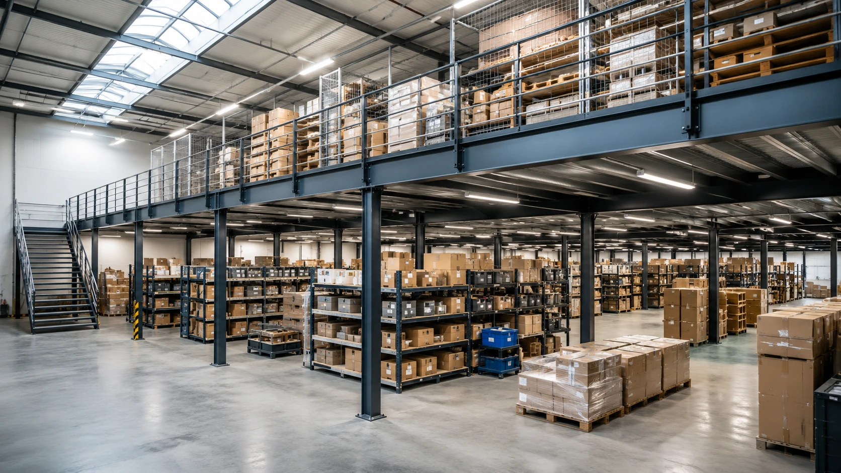 Soppalco industriale in metallo installato sopra area di stoccaggio con scaffalature e pallet in magazzino logistico a Milano