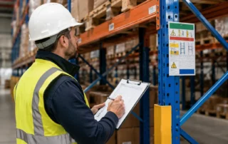 Tecnico con gilet alta visibilità che controlla una scaffalatura portapallet compilando una checklist di manutenzione