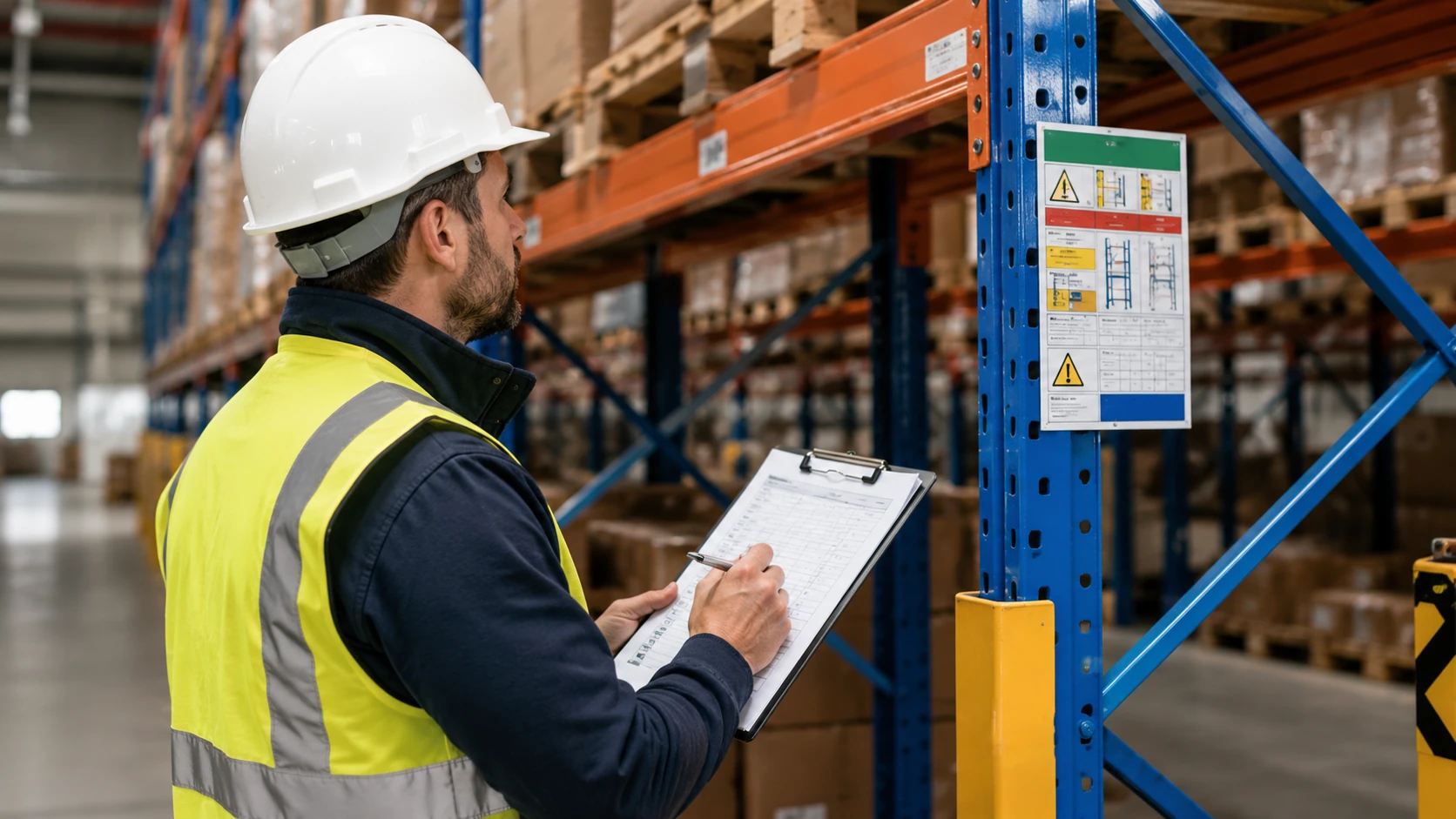 Tecnico Specializzato Durante la Manutenzione di Scaffalature Portapallet Tecnico con gilet alta visibilità che controlla una scaffalatura portapallet compilando una checklist di manutenzione