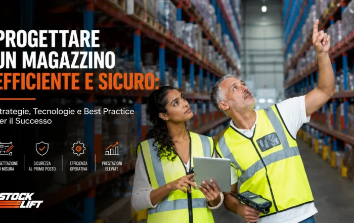 Tecnici analizzano scaffalature industriali per la progettazione di un magazzino efficiente e sicuro