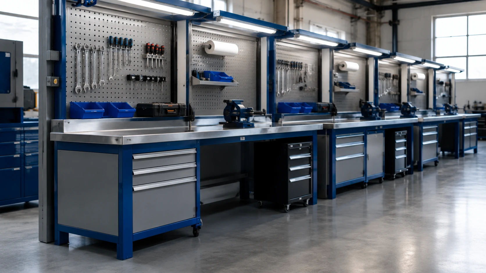 Banchi da lavoro industriali per officina tecnica Fila di banchi da lavoro industriali grigio e blu con pannelli forati e cassettiere in officina tecnica organizzata