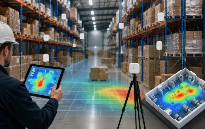 Tecnico che analizza la mappatura termica di un magazzino industriale con sensori di temperatura e umidità