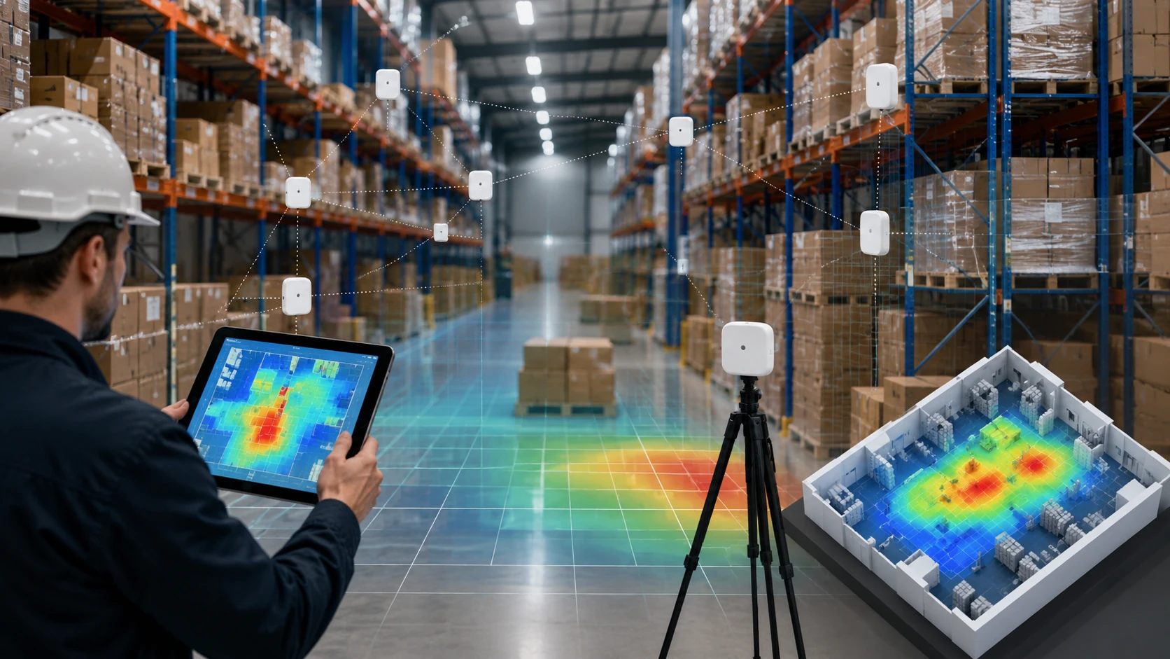 Tecnico che analizza la mappatura termica di un magazzino industriale con sensori di temperatura e umidità