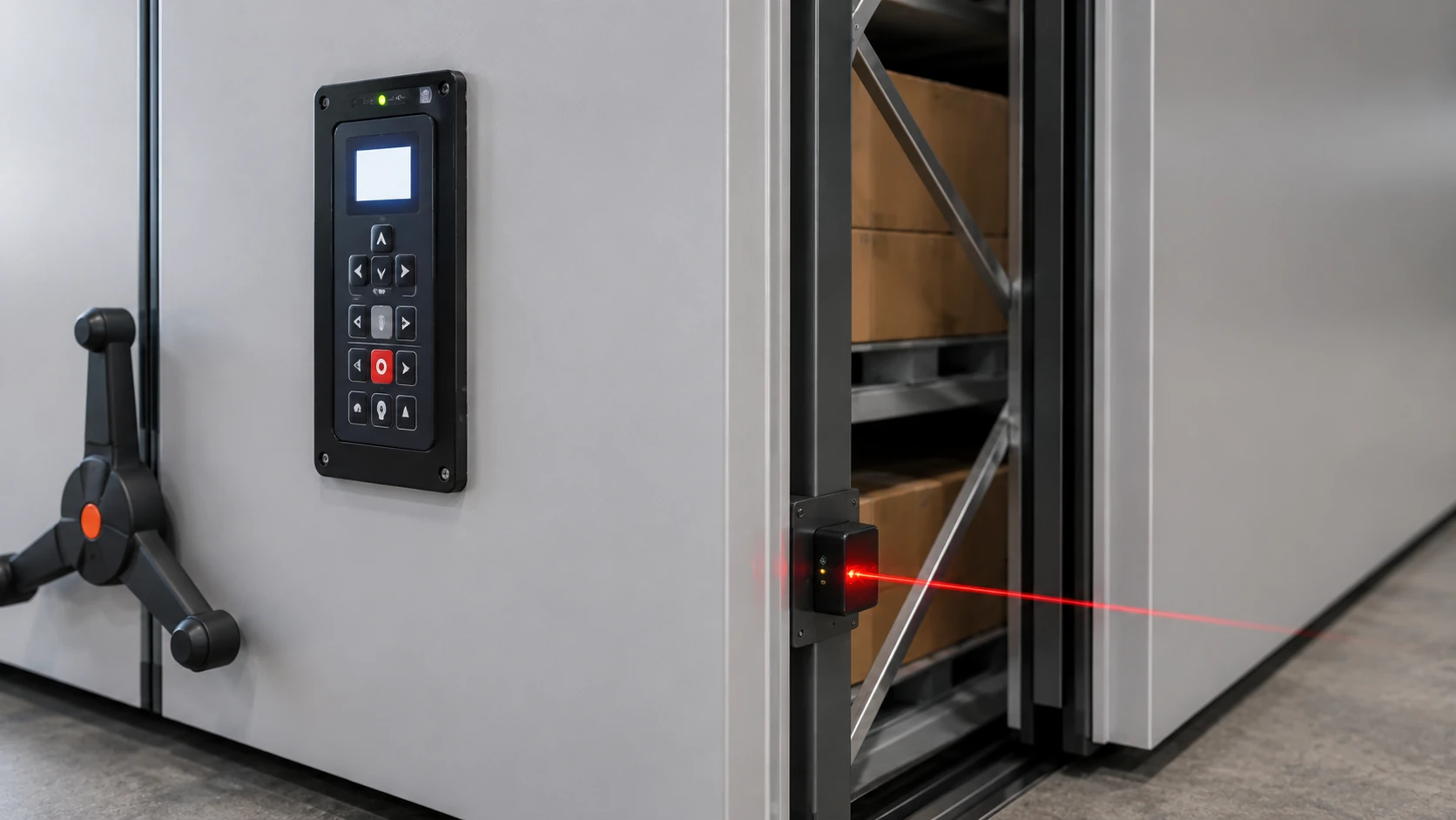 Dettaglio della pulsantiera elettronica e del sensore laser di sicurezza su scaffalature compattabili mobili