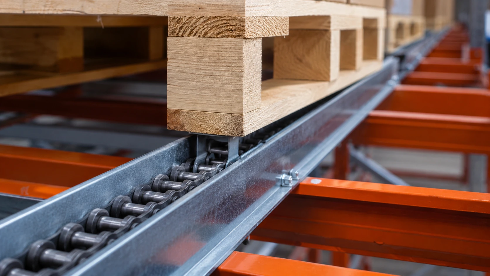 Dettaglio tecnico della catena dentata Flow Rail inserita nel binario in acciaio con pallet industriale in legno appoggiato sopra