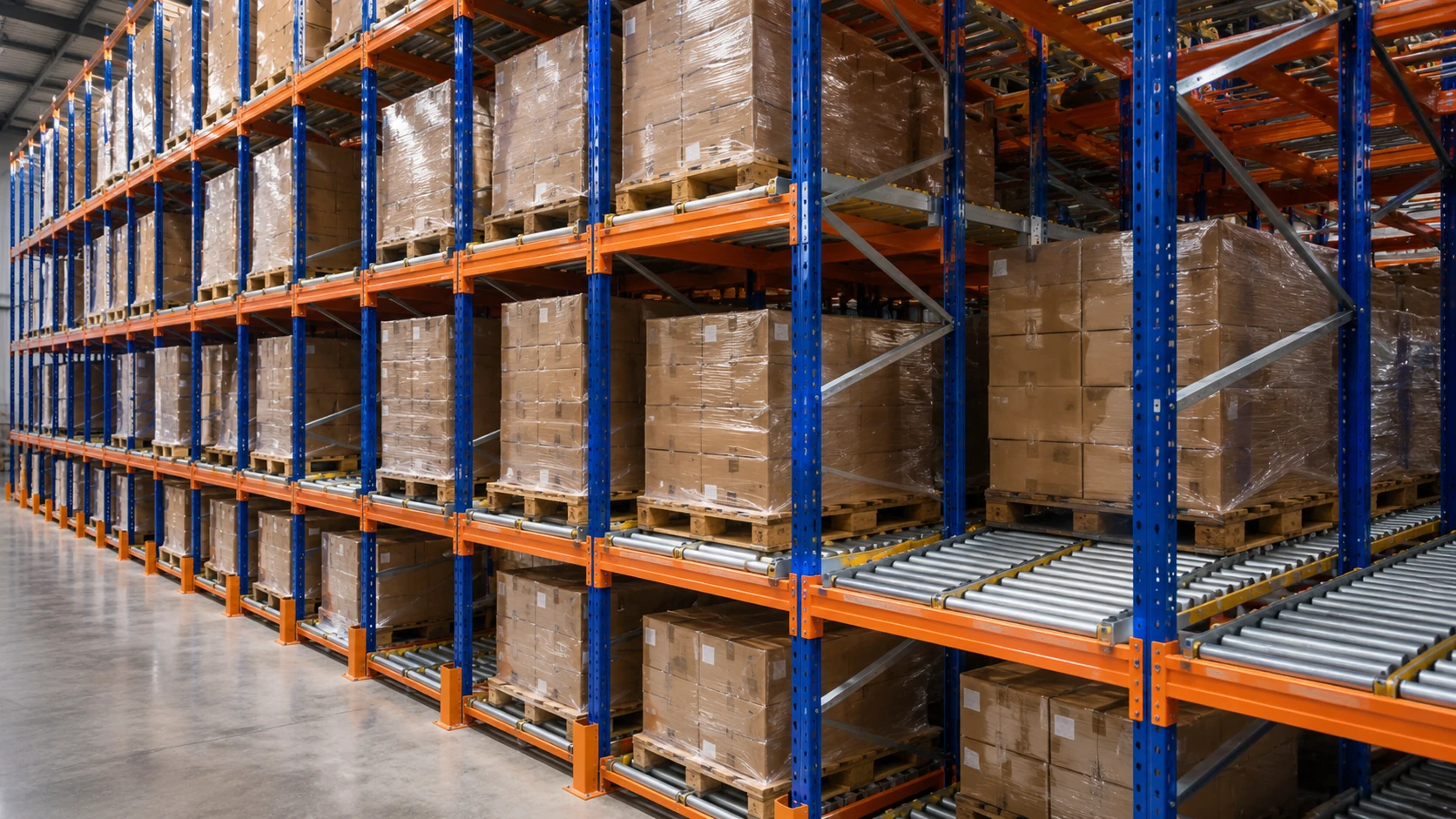 Scaffalature a Gravità per Pallet e Logistica FIFO Scaffalature a gravità industriali con rulliere per movimentazione pallet e stoccaggio FIFO in magazzino logistico.