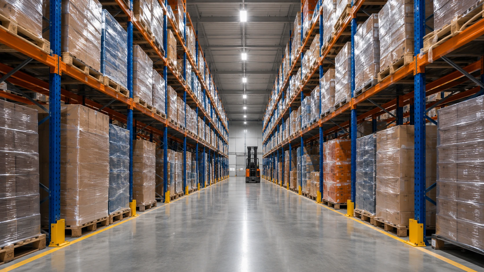 Scaffalature portapallet a corsie larghe standard Magazzino logistico con scaffalature portapallet a corsie larghe e carrello elevatore frontale