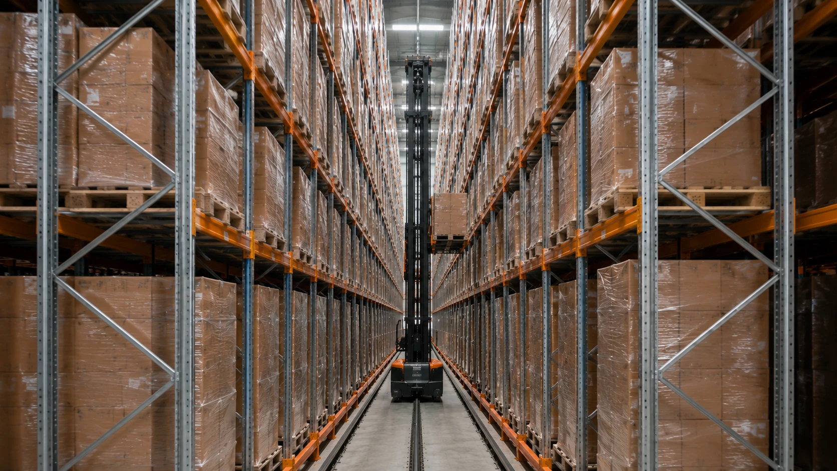 Scaffalature portapallet VNA a corsie molto strette Sistema di scaffalature portapallet VNA con corsie molto strette e carrello trilaterale guidato in magazzino industriale