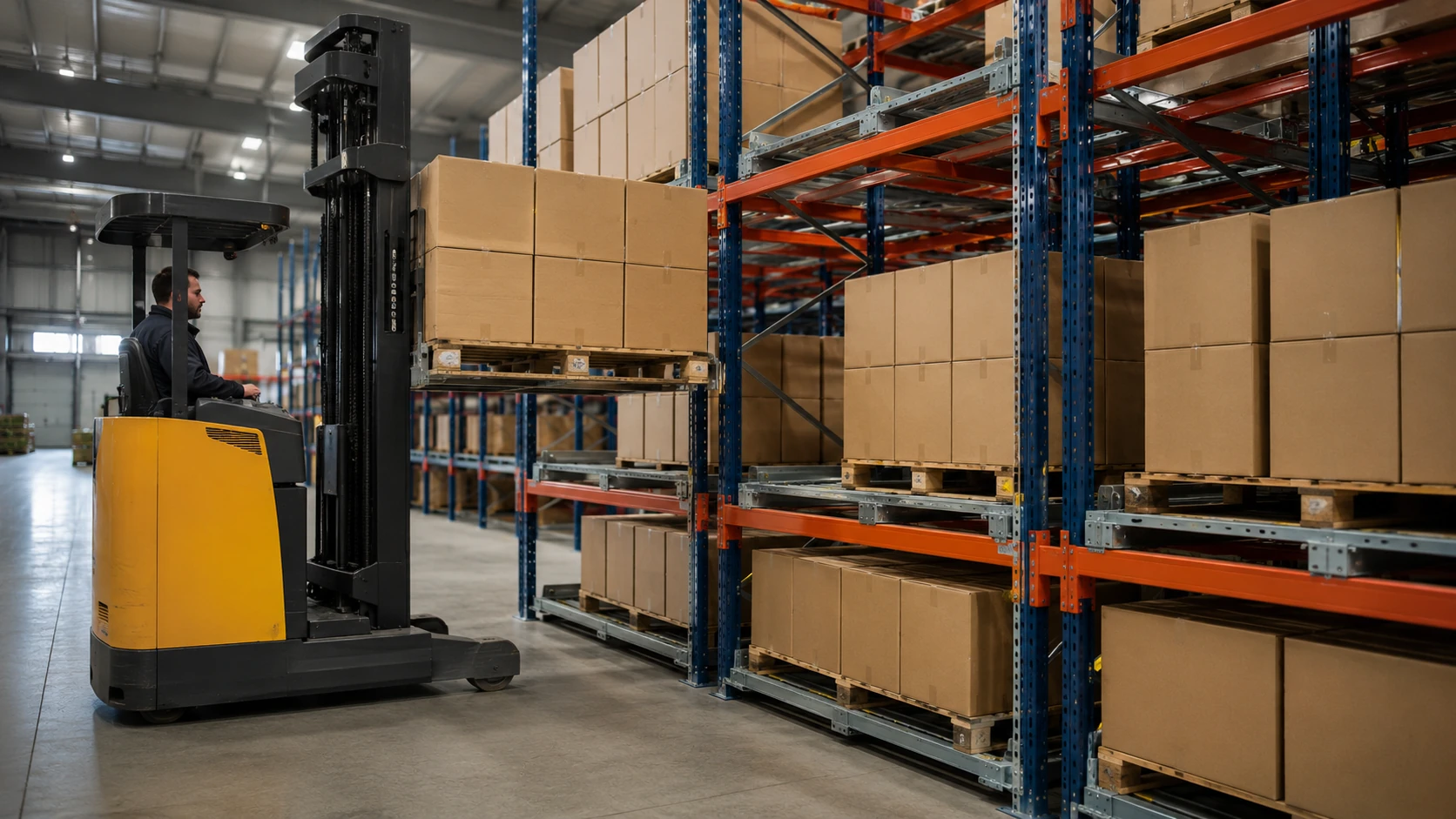 Muletto retrattile che inserisce un pallet all’interno di una scaffalatura Push Back industriale