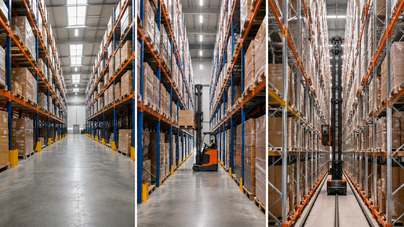 Sistemi di scaffalature portapallet con corsie larghe, strette e VNA Confronto tra scaffalature portapallet con corsie larghe, strette e sistemi VNA ad alta densità in magazzino logistico