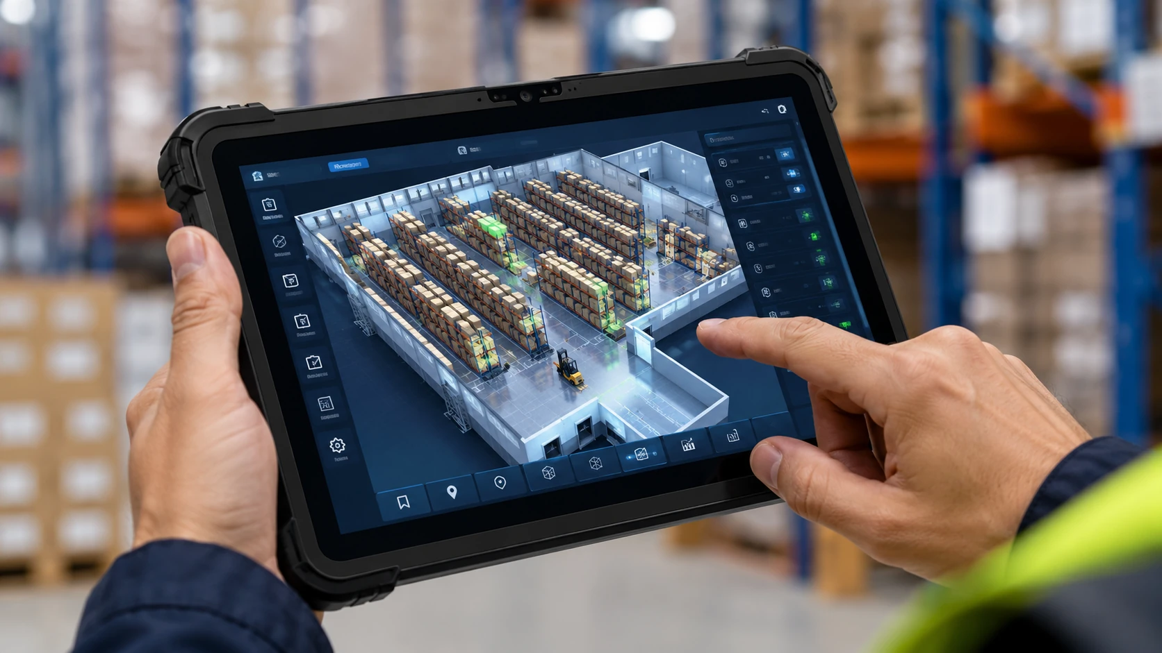 Tablet industriale con software WMS e visualizzazione 3D del magazzino logistico
