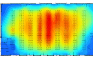 Grafico heatmap con mappatura termica di un magazzino industriale e variazioni di temperatura dal blu al rosso