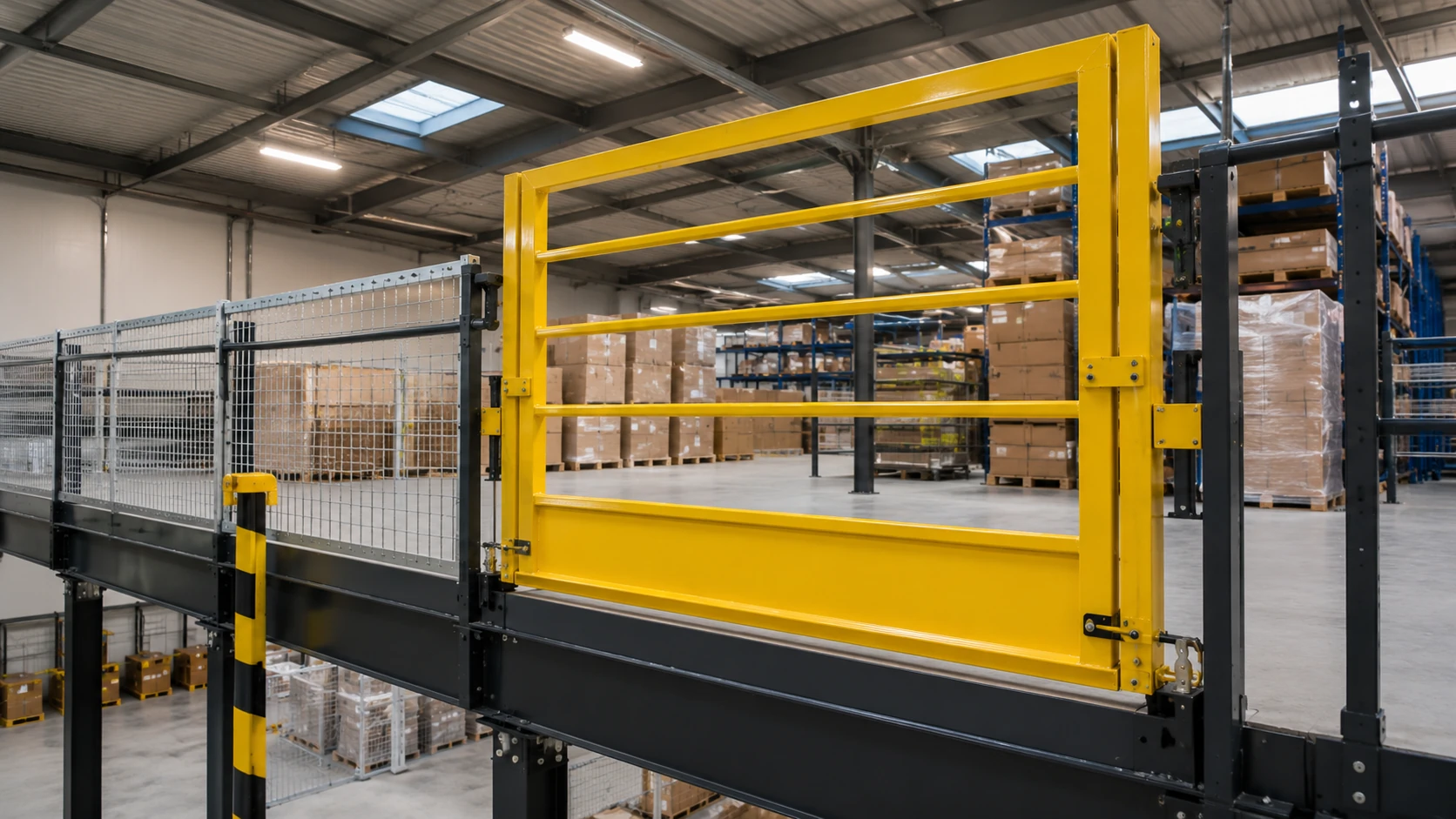 Cancello basculante giallo alta visibilità per sicurezza pallet su soppalco industriale in magazzino logistico