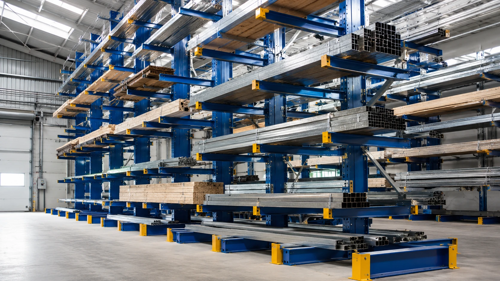 Sistema di scaffalature cantilever industriali Stock Lift per la gestione e movimentazione di tubi, barre e materiali metallici pesanti.