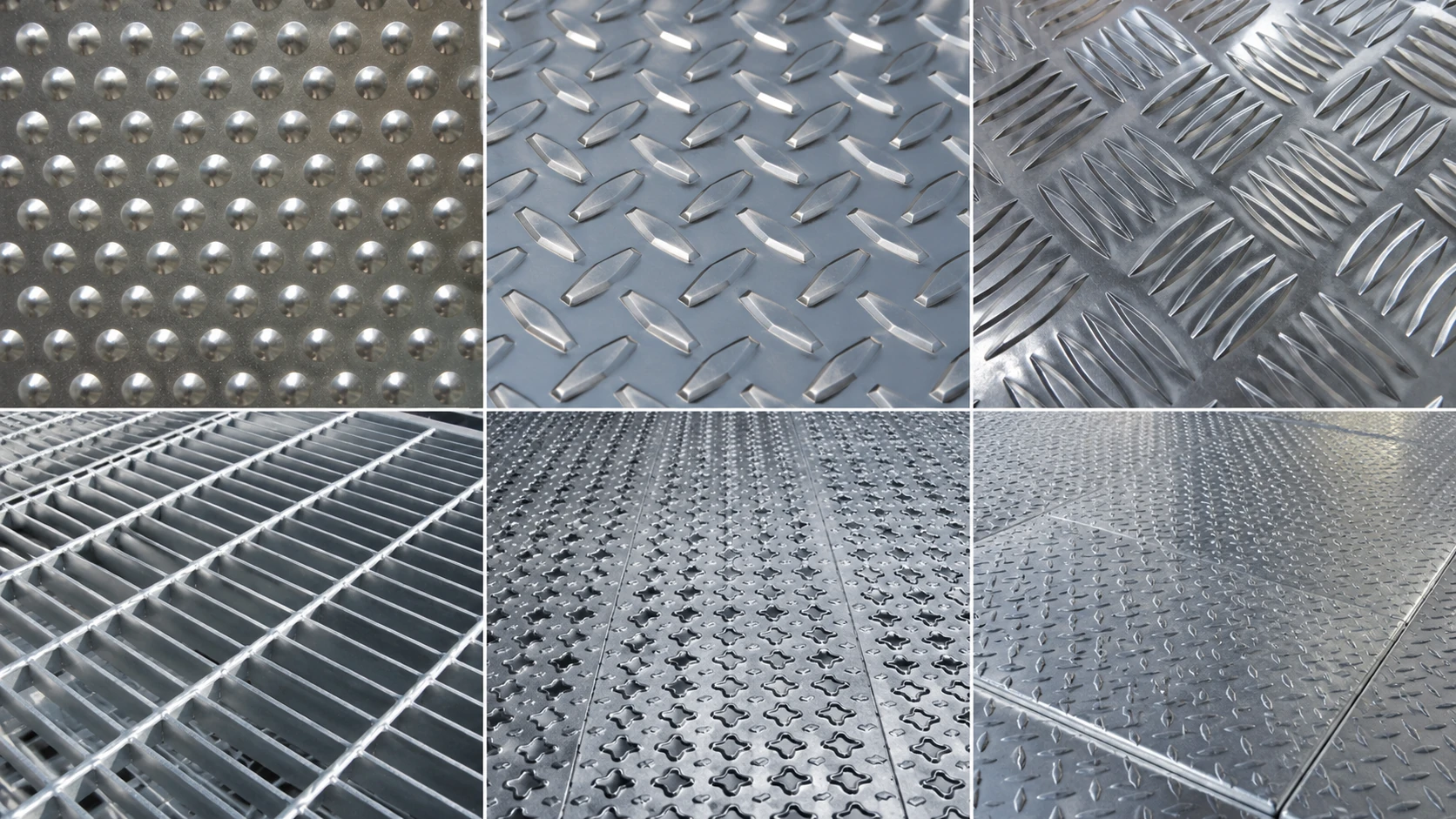 Tipi di pavimentazione per scaffalature a passerella industriali Collage di pavimentazioni industriali per scaffalature a passerella con grigliato aperto e lamiera goffrata antiscivolo
