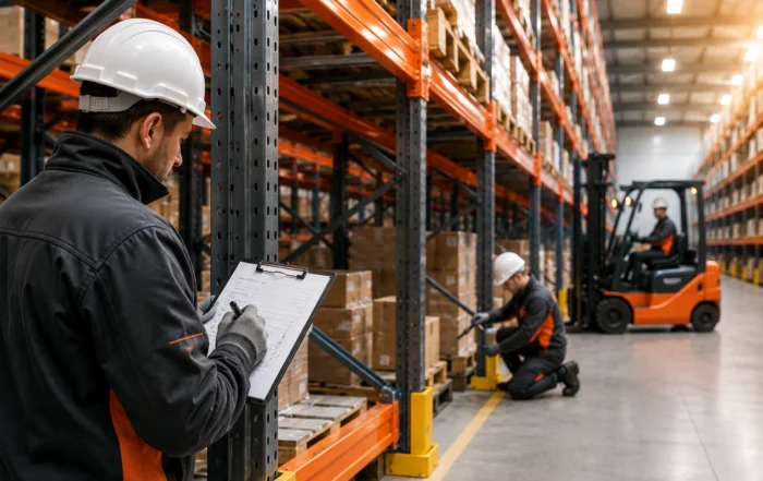 Tecnico specializzato controlla scaffalature industriali in magazzino logistico moderno con carrello elevatore