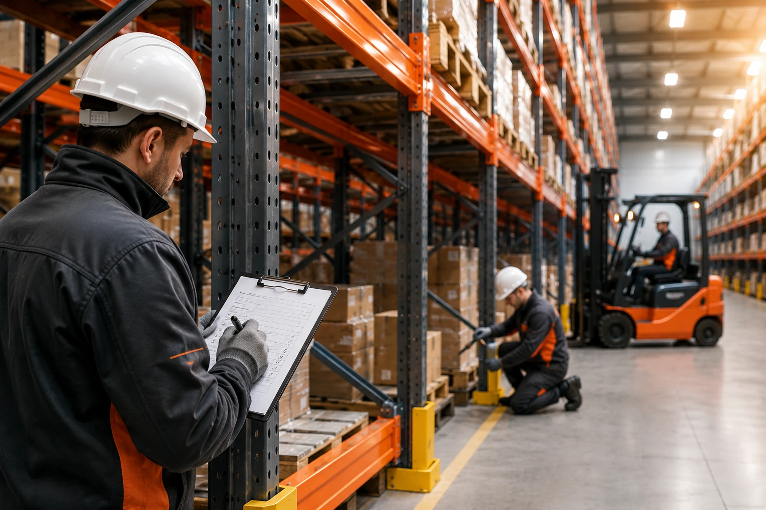 Ispezione e Manutenzione Scaffalature Industriali Tecnico specializzato controlla scaffalature industriali in magazzino logistico moderno con carrello elevatore