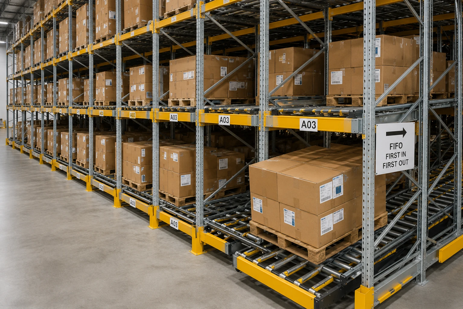 Scaffalature a gravità industriali con rulliere FIFO per gestione pallet ad alta rotazione in magazzino logistico