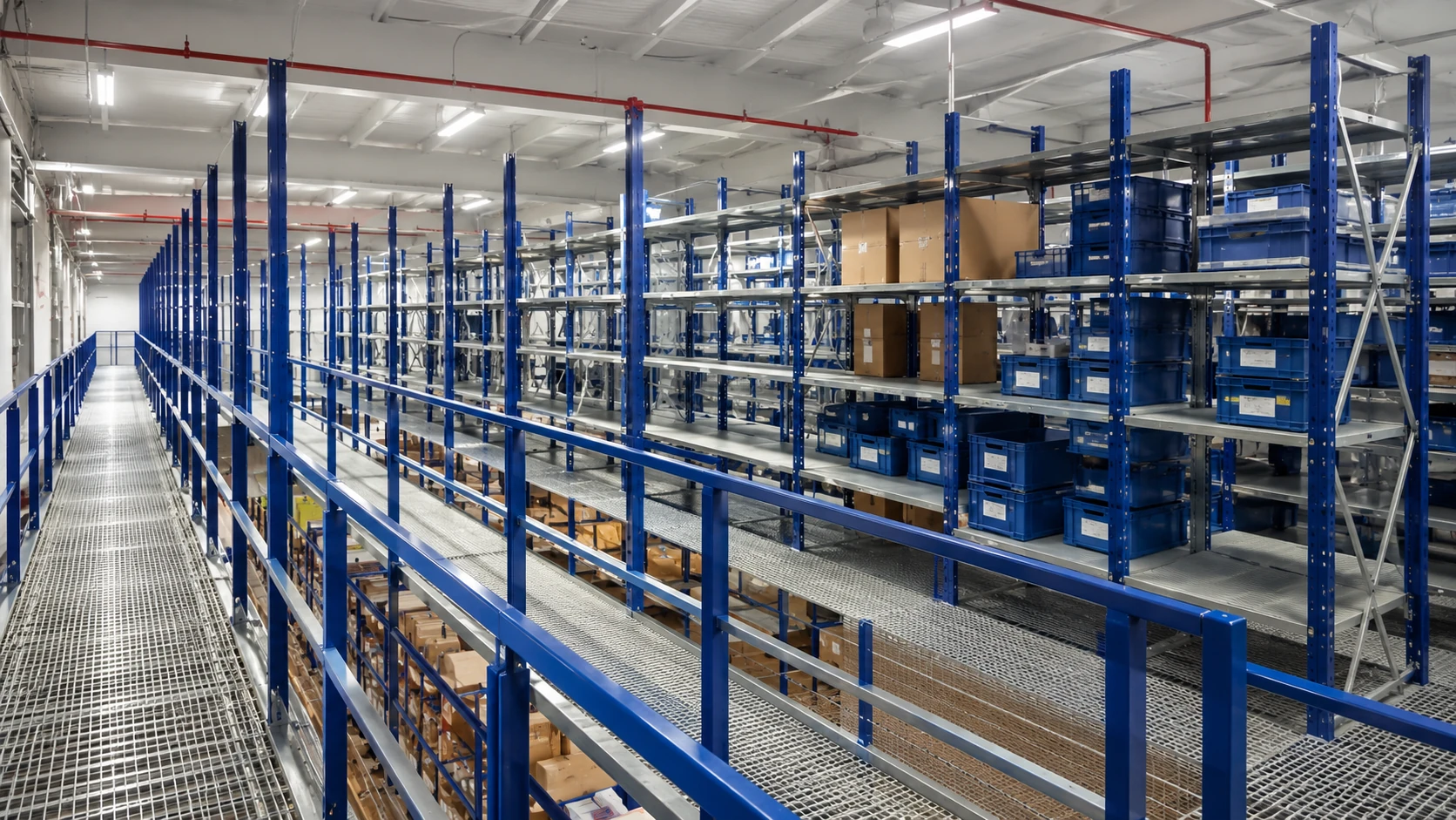Magazzino industriale con scaffalature a passerella multilivello e corsie per picking manuale