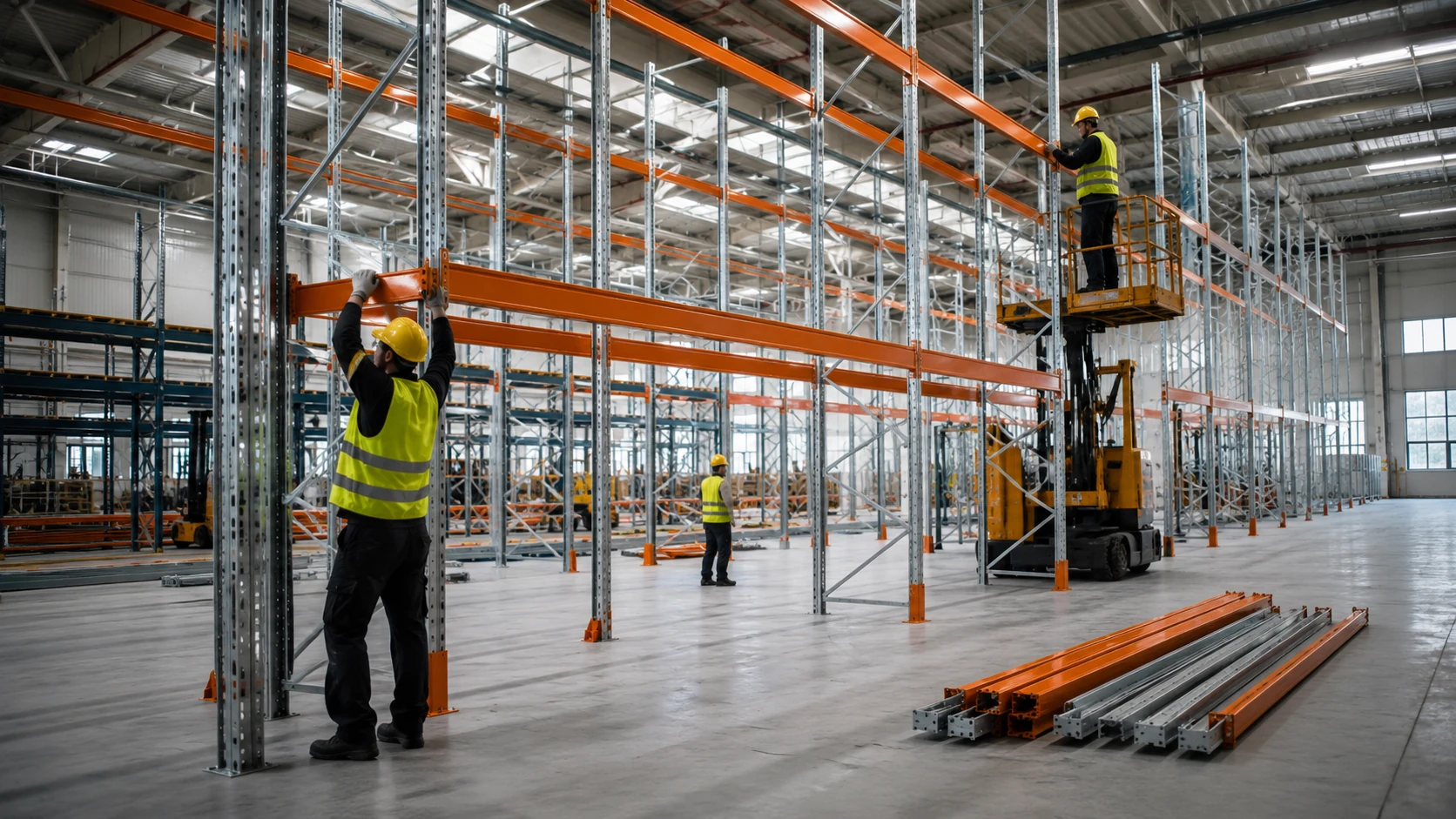 Addetti al montaggio di scaffalature industriali metalliche all’interno di un magazzino logistico