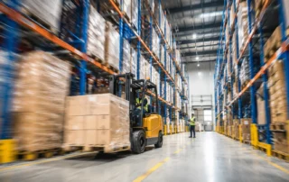 Sistema di material handling in magazzino industriale con carrello elevatore e scaffalature portapallet Stock Lift