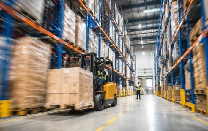 Sistema di material handling in magazzino industriale con carrello elevatore e scaffalature portapallet Stock Lift