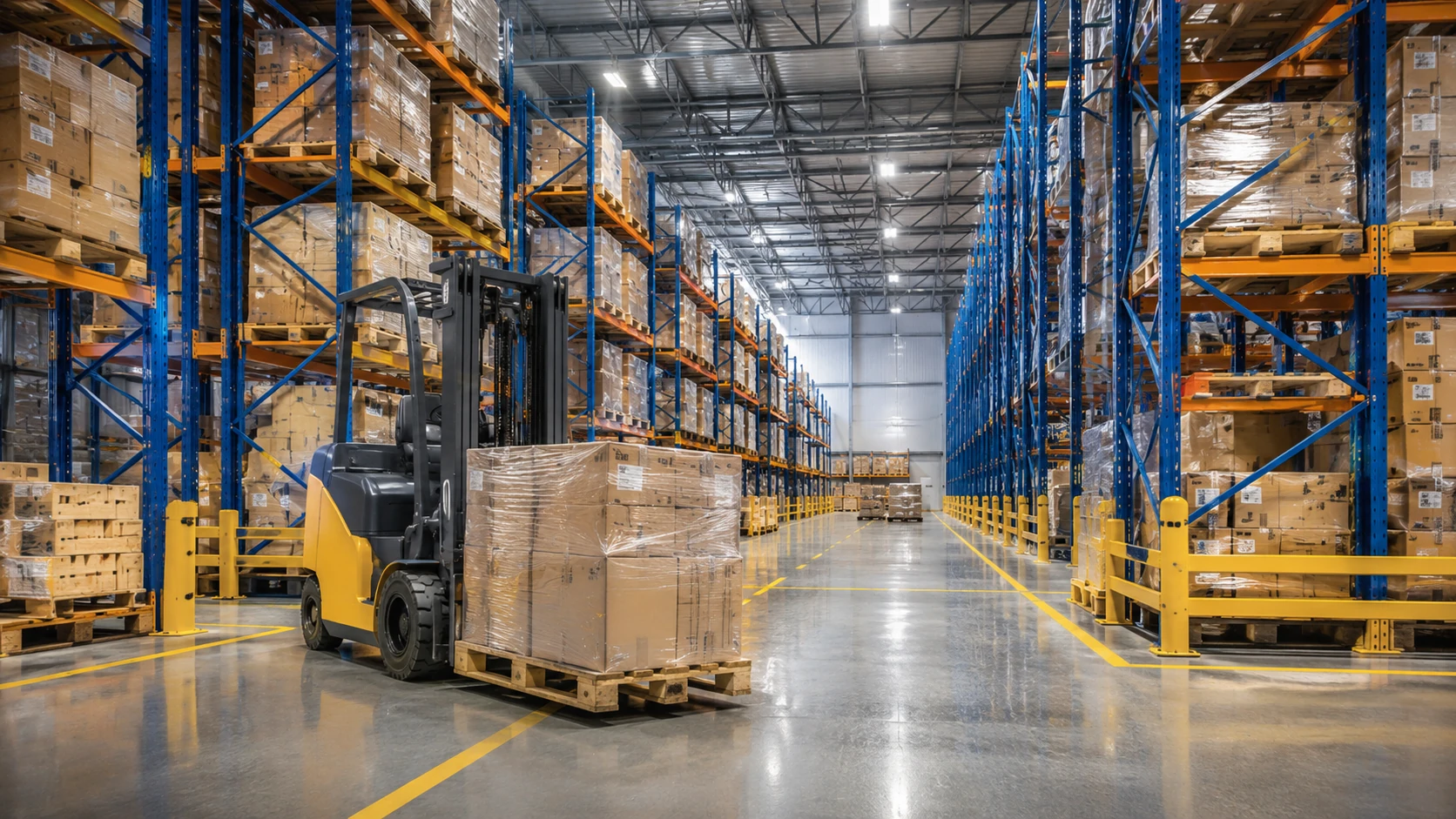 Movimentazione Materiali In Magazzino Con Scaffalature Industriali Sistema di material handling in magazzino industriale con carrello elevatore e scaffalature portapallet Stock Lift