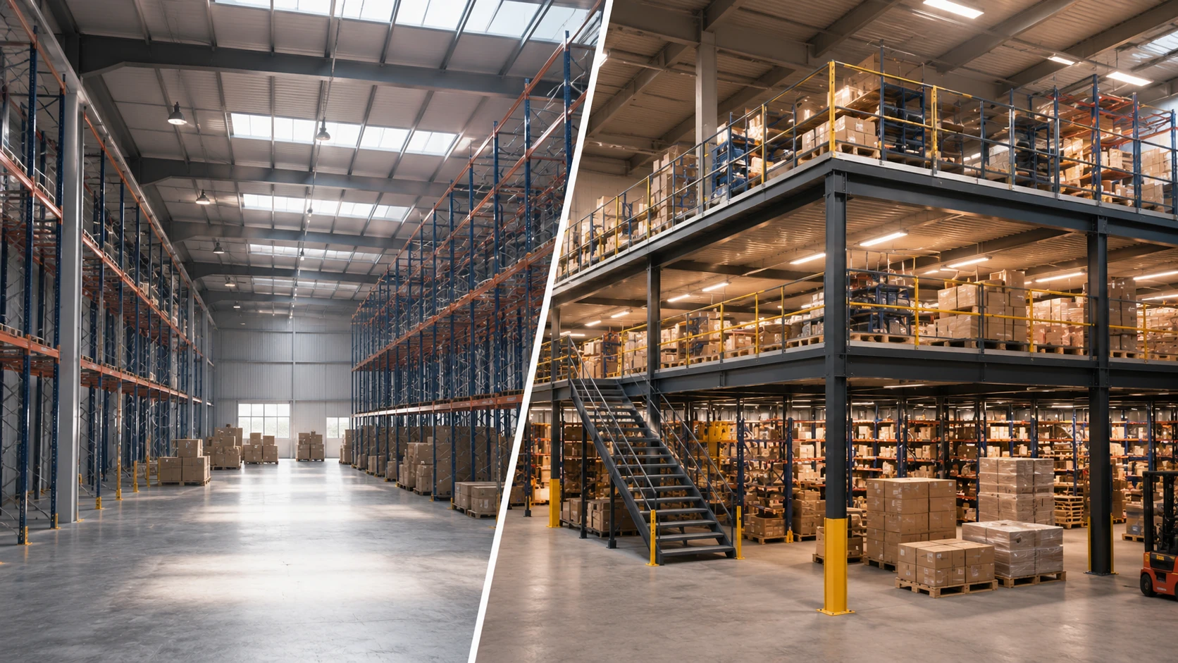 Ottimizzazione Magazzino con Soppalchi e Scaffalature Industriali Confronto tra magazzino industriale tradizionale e magazzino ottimizzato con soppalco e scaffalature ad alta densità.