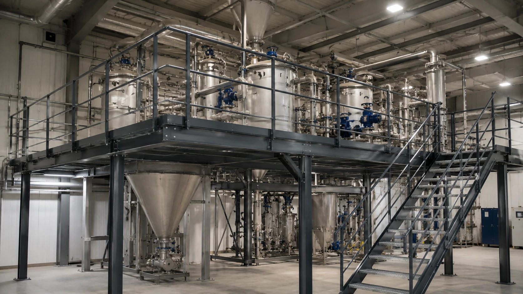 Piattaforma tecnica industriale per impianti e macchinari Soppalco industriale ad alta resistenza utilizzato come piattaforma tecnica per impianti, silos e macchinari industriali