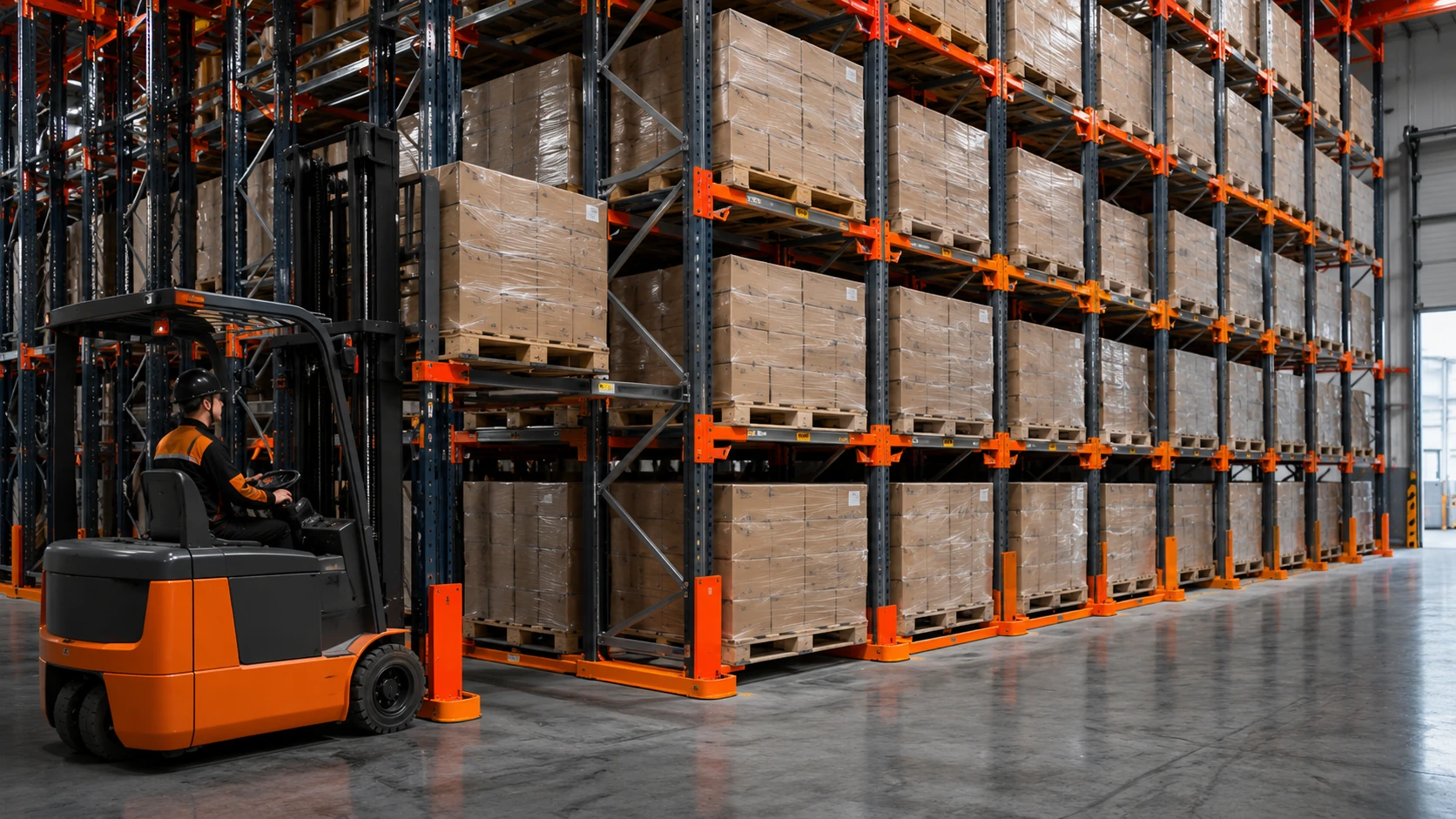 Scaffalatura Drive-Through per Magazzini Industriali – Stock Lift Scaffalature drive-through industriali con stoccaggio pallet ad alta densità e carrello elevatore operativo