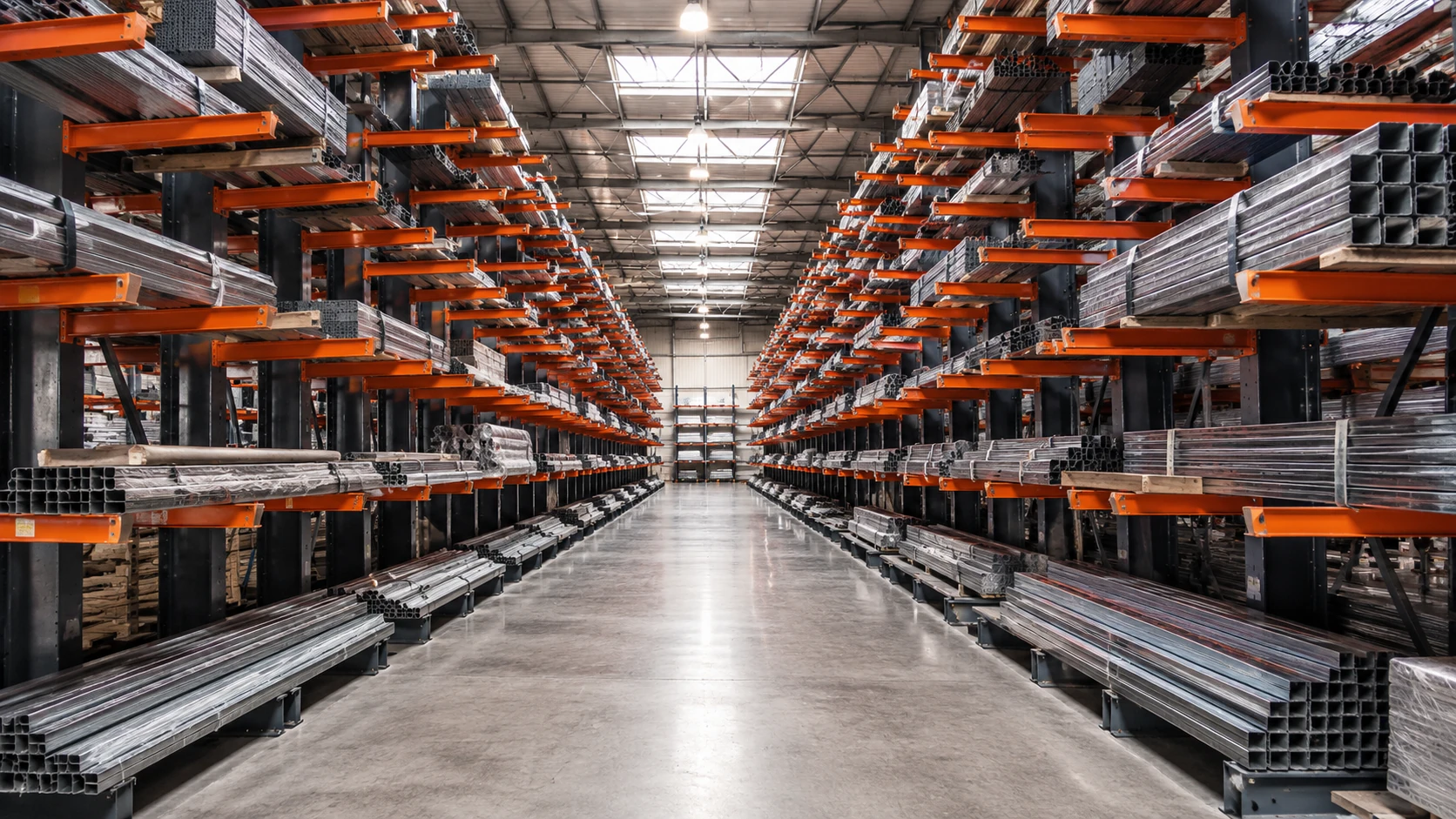 Sistema di scaffalature cantilever industriali ad alta portata per lo stoccaggio ordinato di tubolari, profili in acciaio, travi e pannelli in magazzino.
