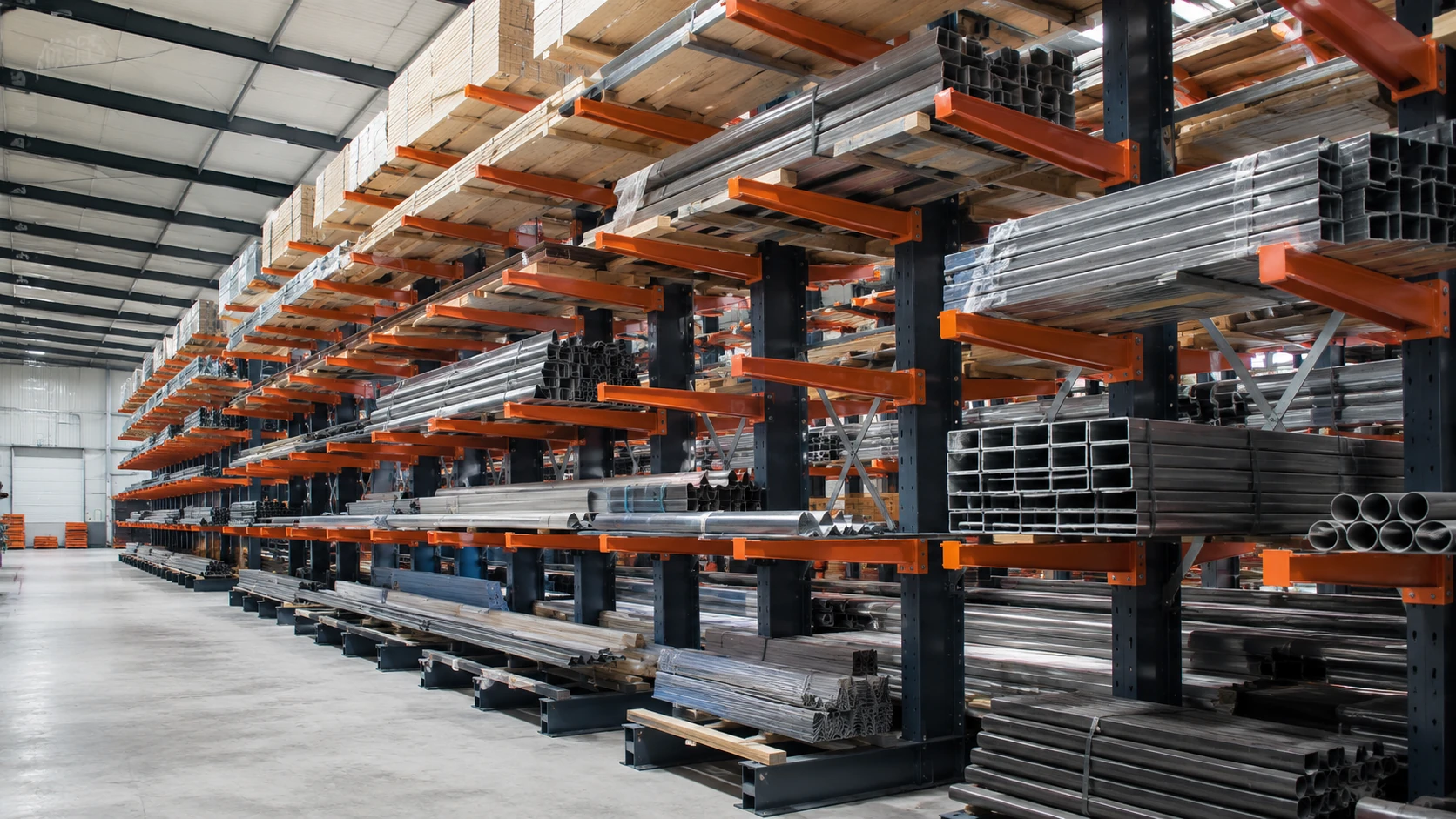 Magazzino industriale con scaffalature cantilever per stoccaggio di tubi, profili metallici e materiali lunghi.