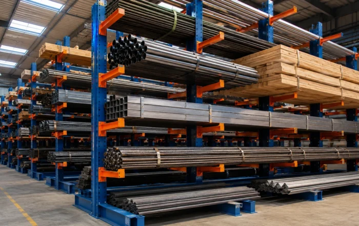 Scaffalature cantilever industriali blu e arancioni per stoccaggio di tubi, barre metalliche e legname in magazzino