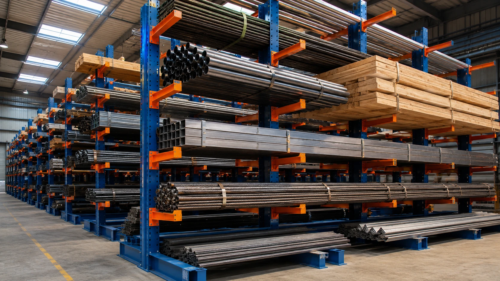 Scaffalature cantilever industriali blu e arancioni per stoccaggio di tubi, barre metalliche e legname in magazzino