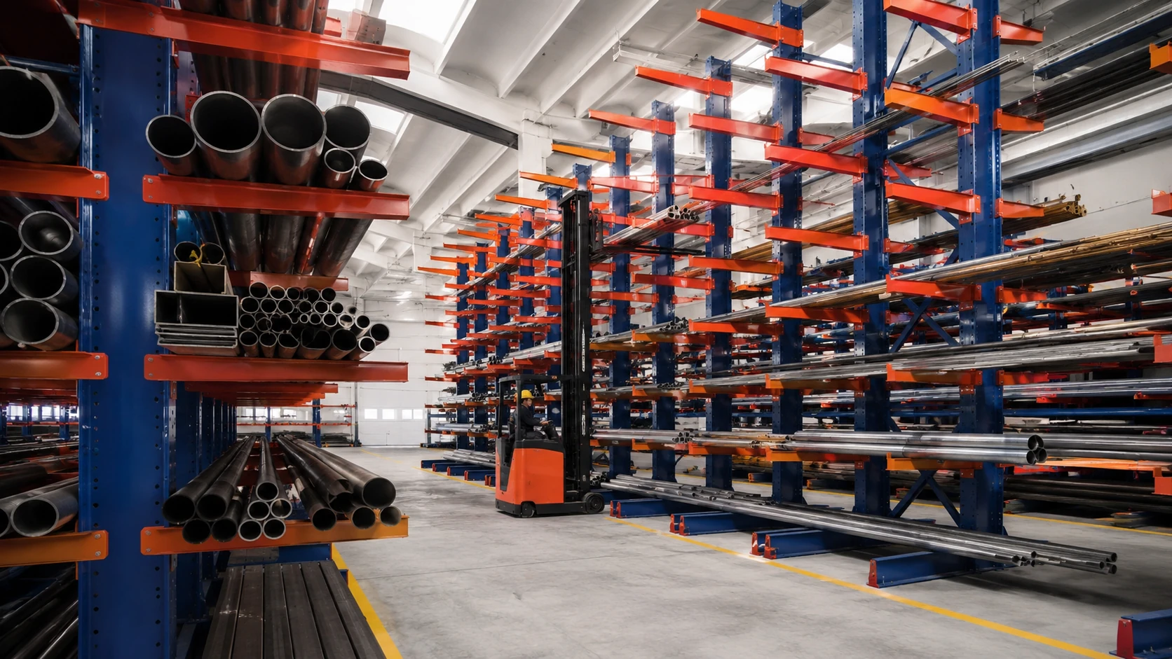 Scaffalature metalliche pesanti cantilever Stock Lift per stoccaggio tubi e profili metallici in magazzino industriale a Milano
