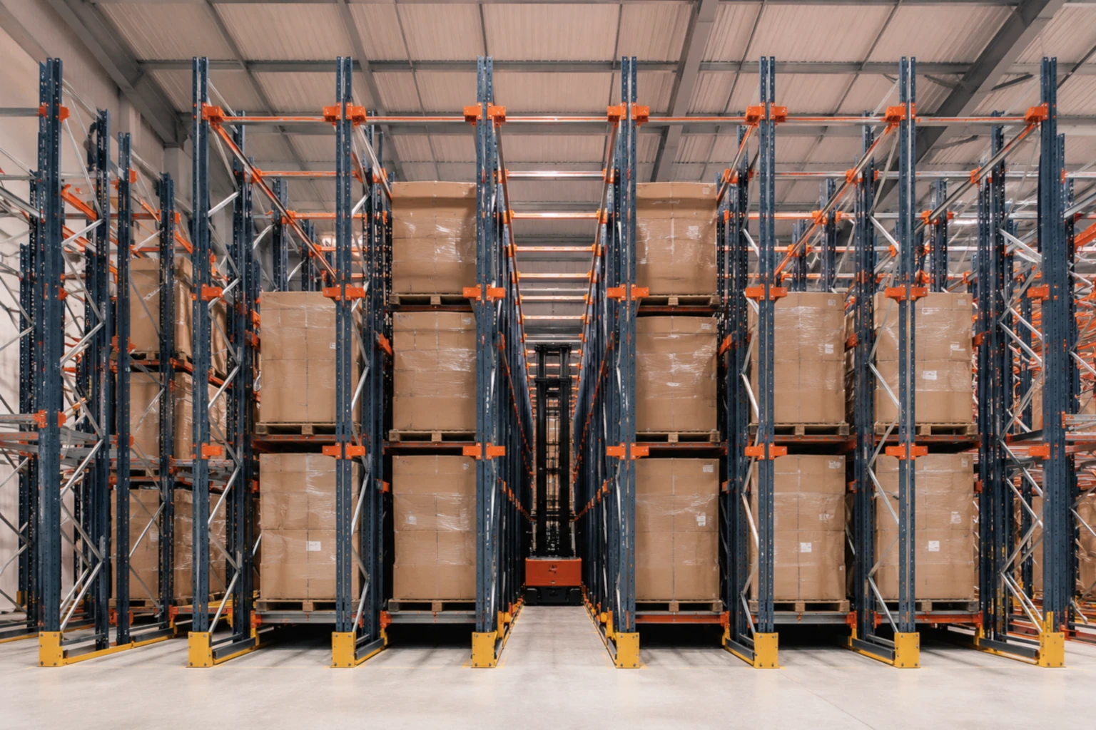 Immagine professionale di scaffalature industriali Drive-In per magazzini logistici ad alta densità.