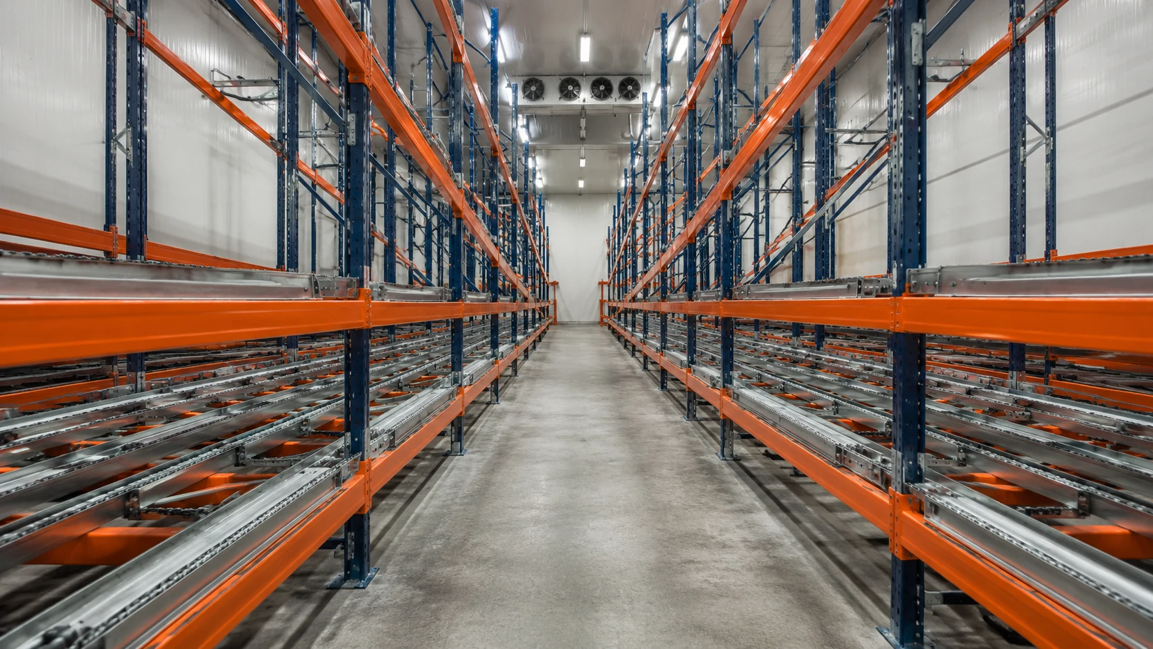 Corsia di scaffalature Flow Rail installate all’interno di una cella frigorifera industriale con sistema dinamico per pallet