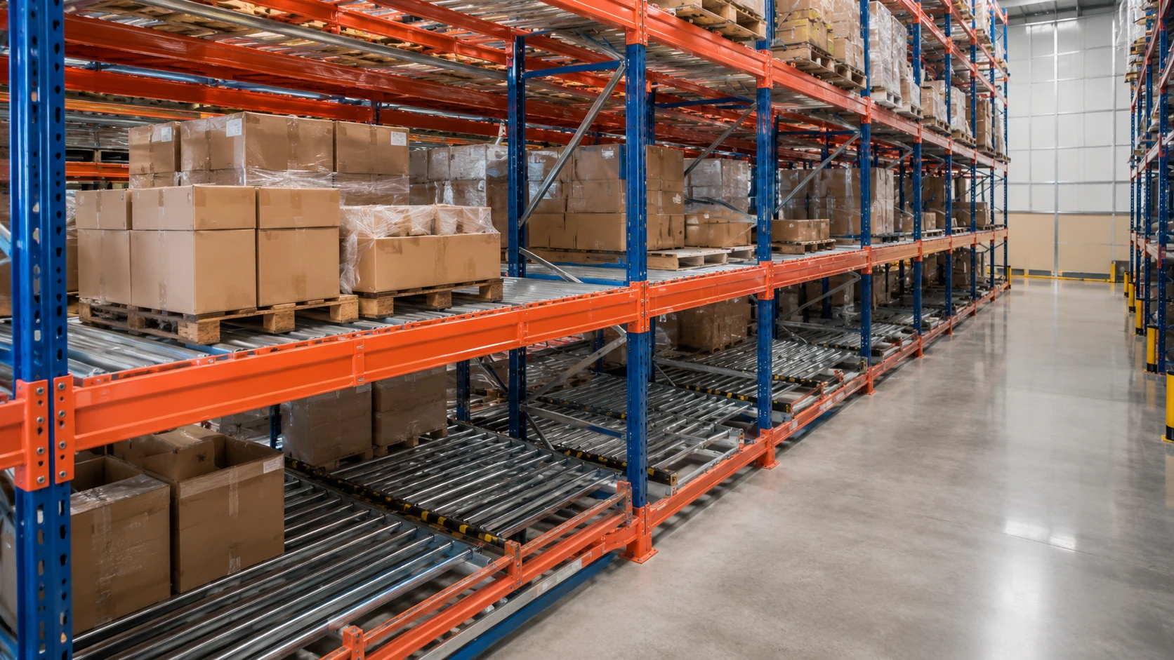 Scaffalature Flow Rail per Picking e Stoccaggio Dinamico Scaffalature flow rail industriali con rulliere per movimentazione pallet e picking dinamico in magazzino.