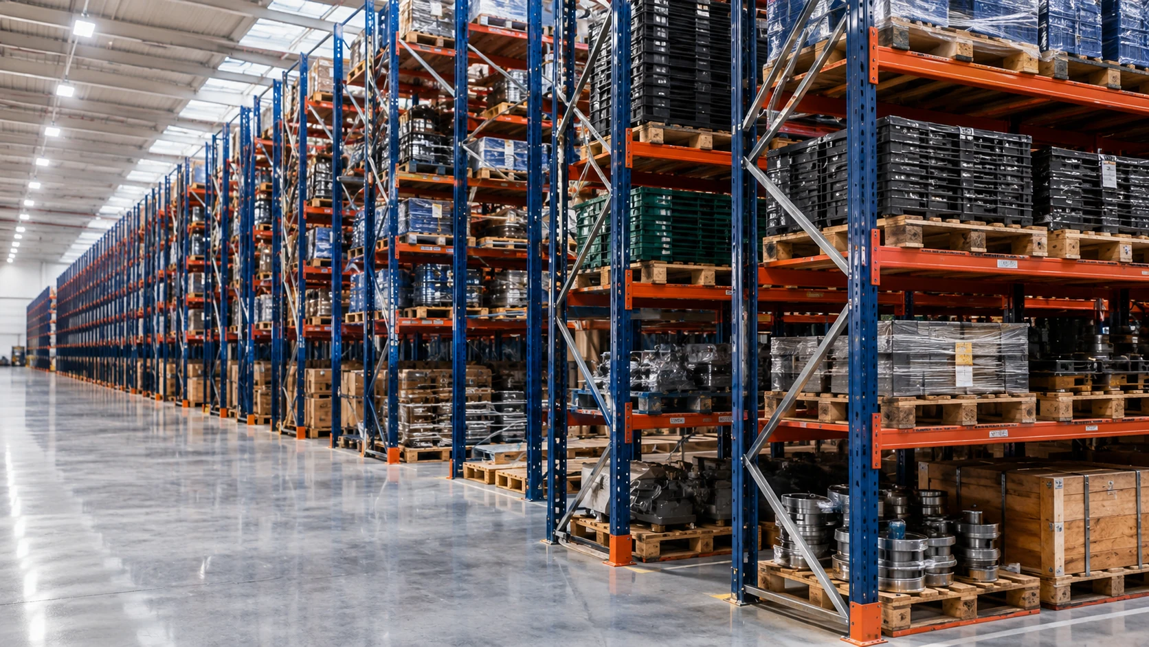 Scaffalature Industriali per Carichi Pesanti Magazzino industriale con scaffalature metalliche per carichi pesanti e stoccaggio pallet ad alta portata.