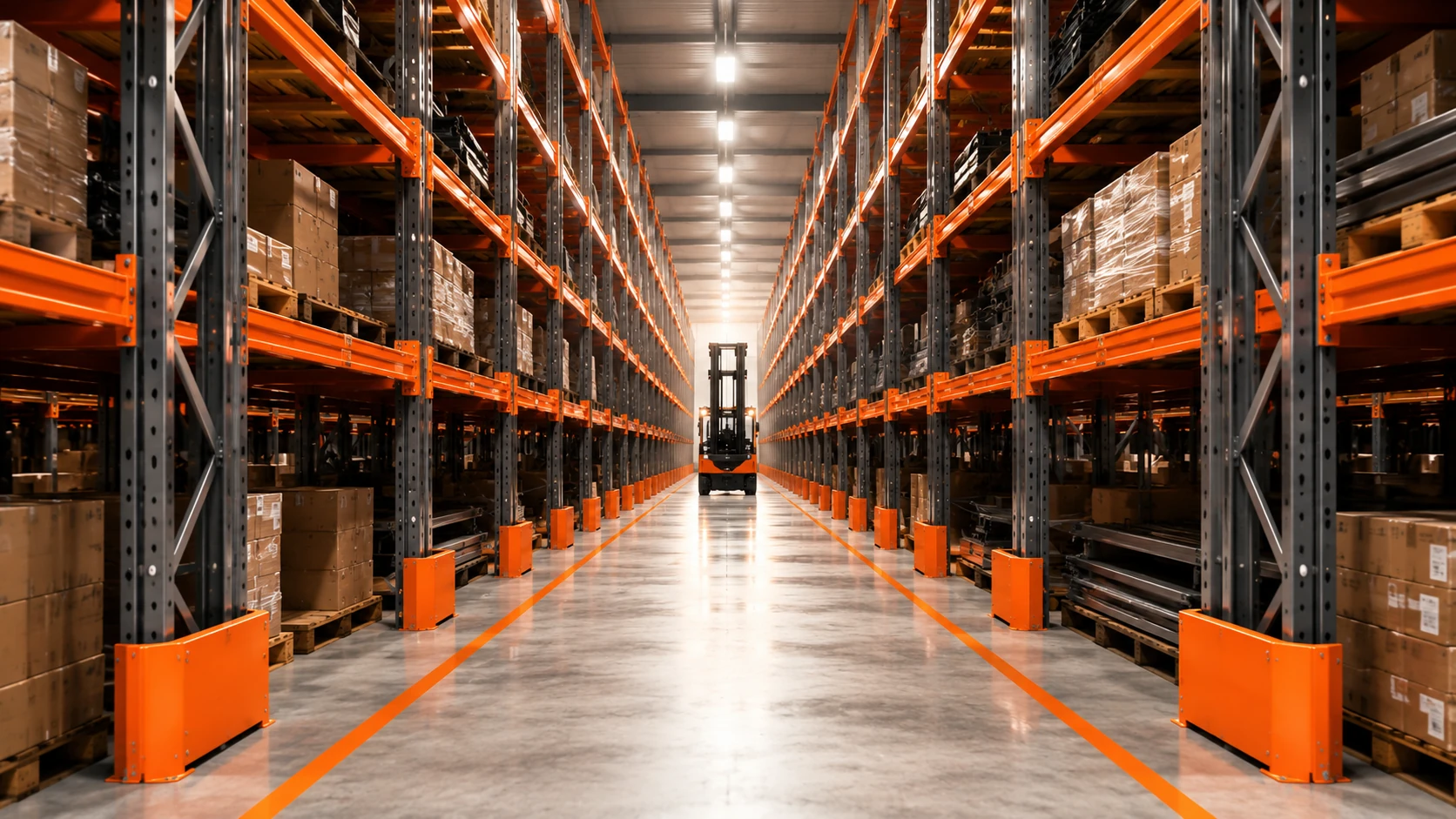 Scaffalature Industriali Portapallet per Magazzini Logistic Corsia centrale di magazzino industriale con scaffalature portapallet arancioni e struttura metallica moderna