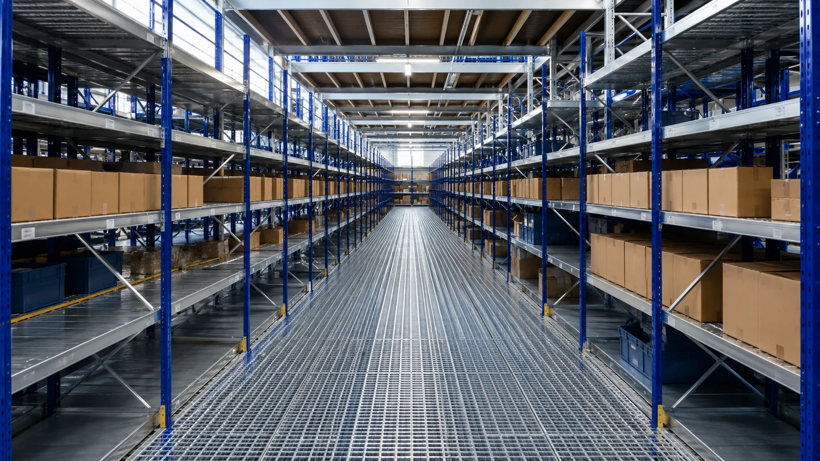 Corridoio con pavimento grigliato e scaffalature a passerella multilivello per magazzino industriale