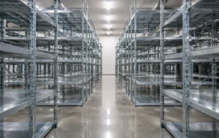 Corsia di scaffalature metalliche leggere ad incastro zincate per stoccaggio manuale e organizzazione magazzino.