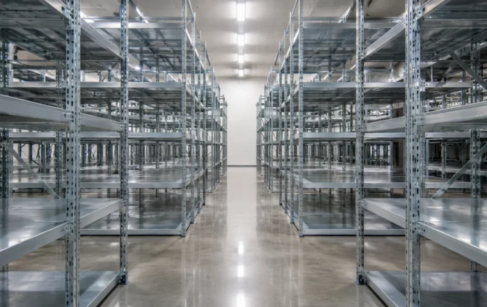 Corsia di scaffalature metalliche leggere ad incastro zincate per stoccaggio manuale e organizzazione magazzino.