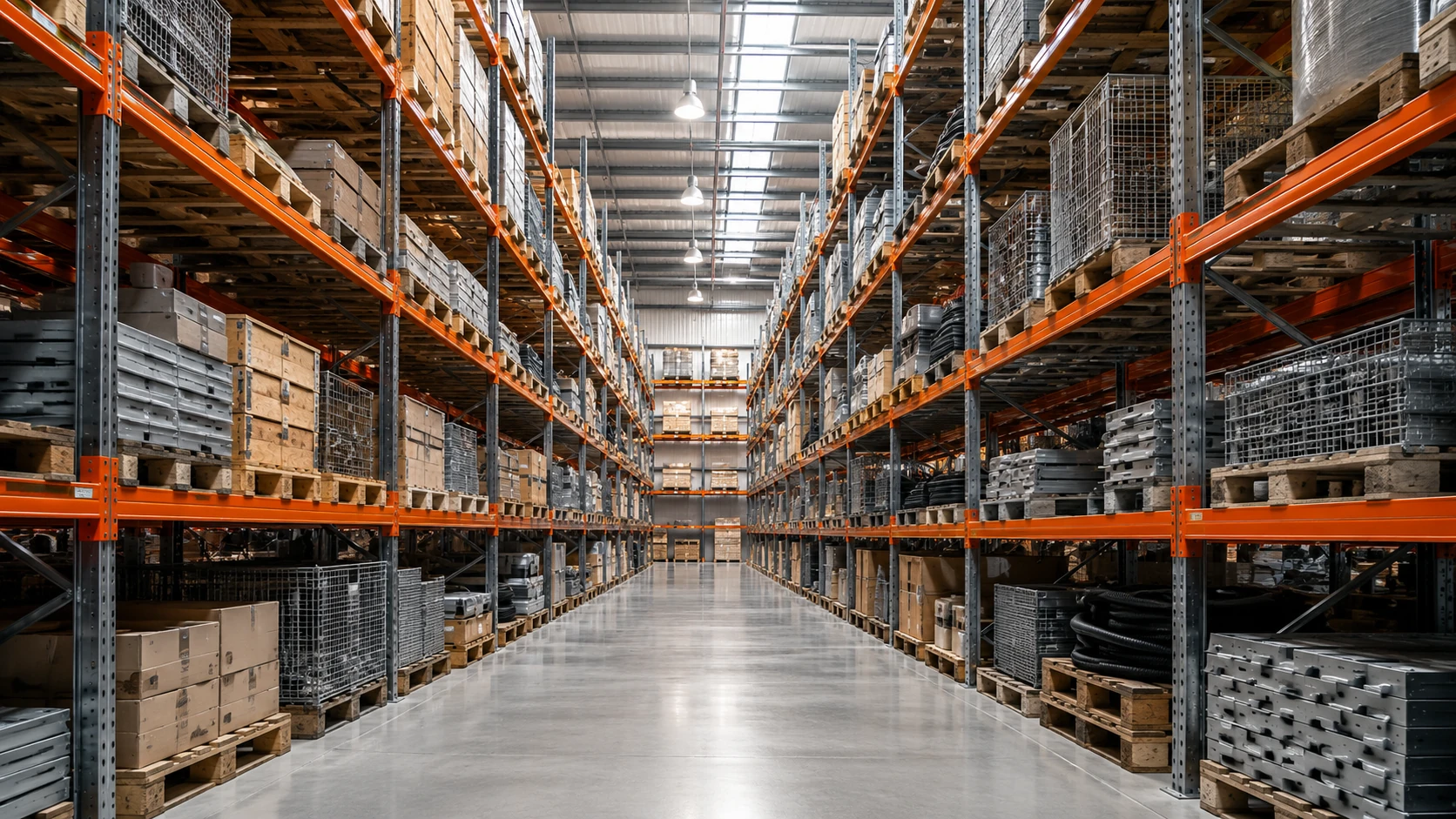 Scaffalature industriali in acciaio zincato e verniciato ad alta portata Sistema di scaffalature metalliche industriali medio pesanti con struttura in acciaio per magazzini logistici, stoccaggio pallet e organizzazione di materiali pesanti in altezza.