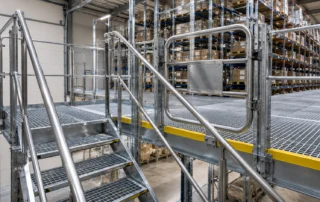 Scala di accesso con corrimano a norma e cancello di sicurezza per sbarco pallet su scaffalature a passerella industriali