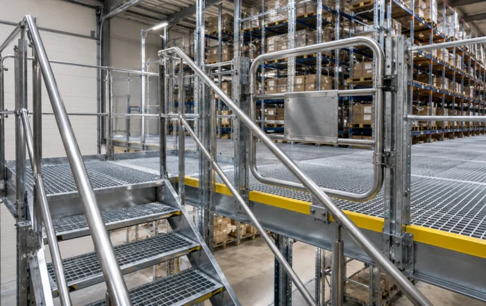 Scala di accesso con corrimano a norma e cancello di sicurezza per sbarco pallet su scaffalature a passerella industriali